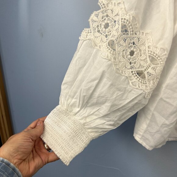 Jennifer & Grace White Lace Scoop Neck Puff Sleeve Blouse Size L Boho Gypsy - Picture 5 of 7